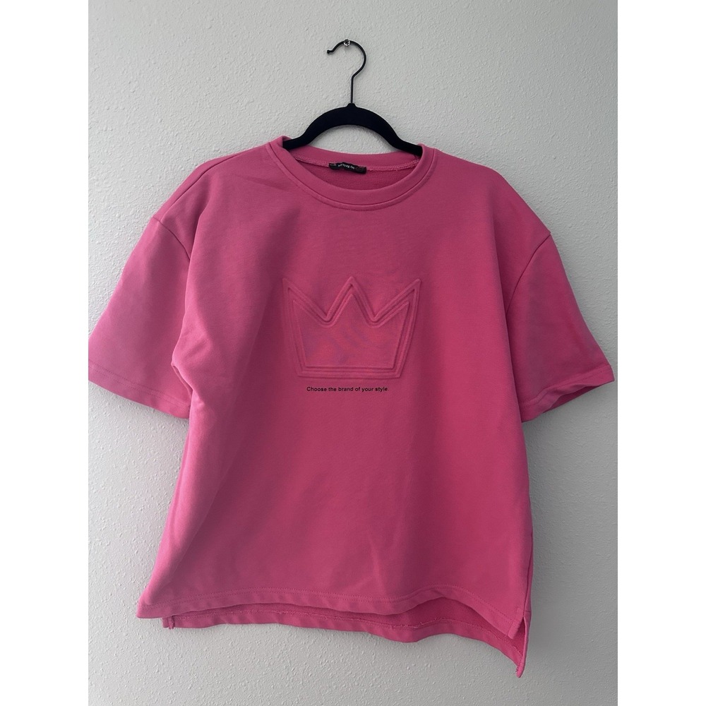 My Red Lips Pink Short Sleeve Sweatshirt Crown Graphic Approx Size L Boxy Top
